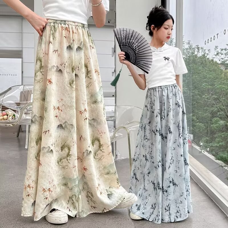 13429482.女童新中式国风阔腿裤夏季薄款冰丝水墨画休闲运动防 蚊长裤