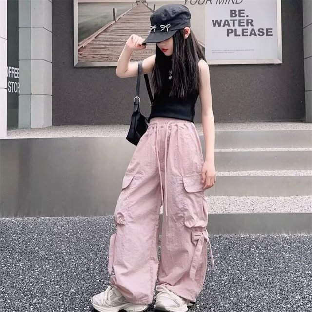 13434104.女童夏季冰丝工装裤薄款透气儿童蝴蝶结阔腿防 蚊长裤女孩夏季休闲运动裤