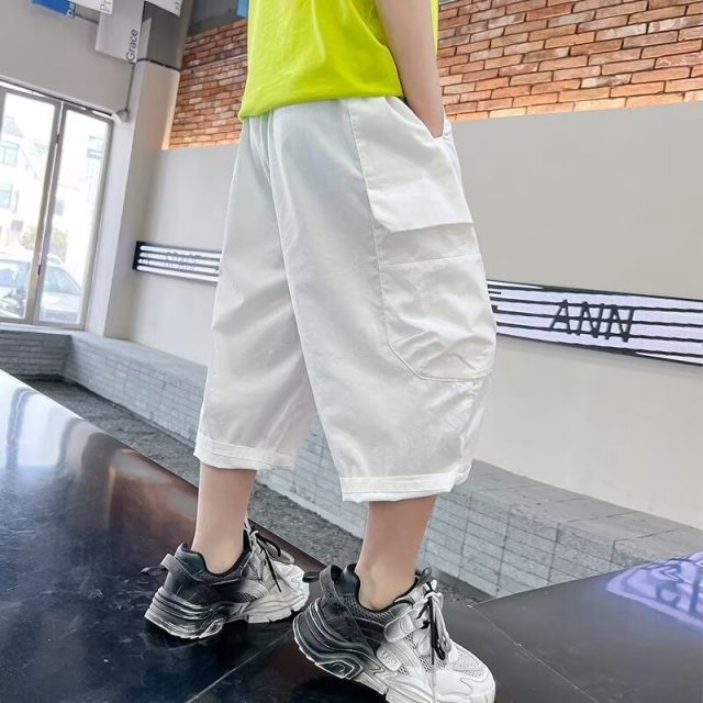 13434030.儿童男孩韩版洗水棉工装七分裤男童夏季薄款透气运动裤子