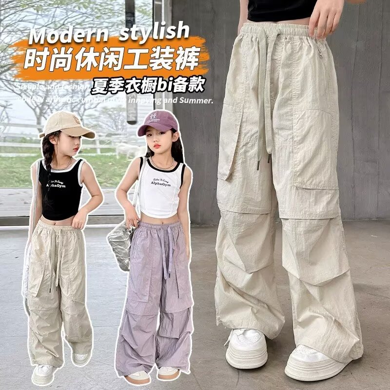 13434270.中大童女孩凉感工装裤夏款宽松百搭松紧裤多口袋休闲运动裤
