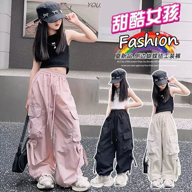 13434104.女童夏季冰丝工装裤薄款透气儿童蝴蝶结阔腿防 蚊长裤女孩夏季休闲运动裤