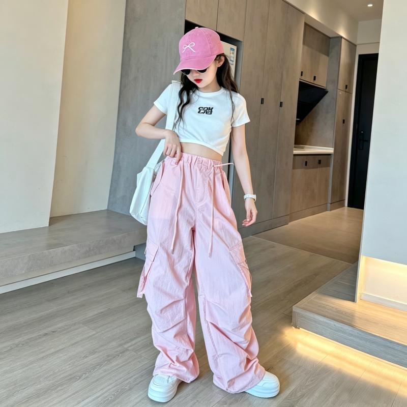 13440540.女童夏季粉色工装裤中大童宽松速干阔腿裤儿童薄款休闲运动裤