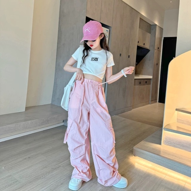 13440540.女童夏季粉色工装裤中大童宽松速干阔腿裤儿童薄款休闲运动裤