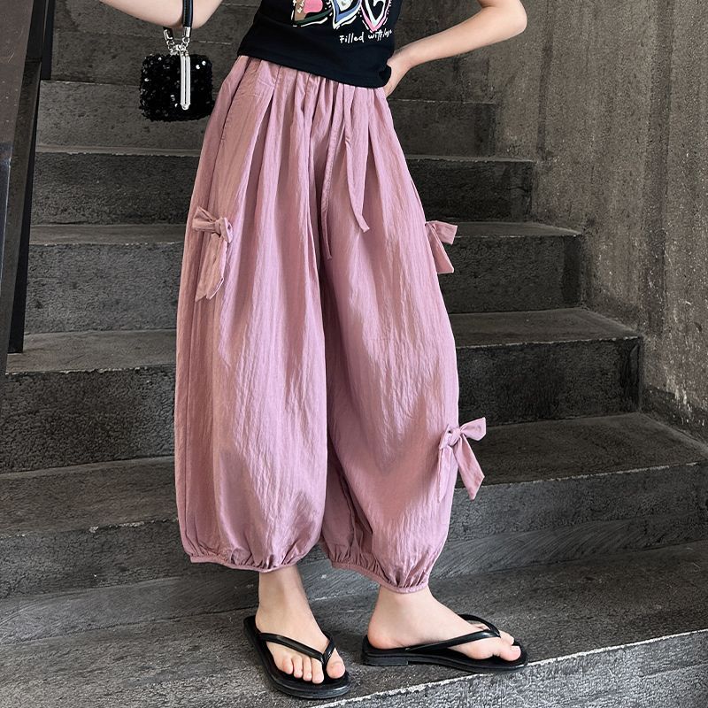 13440740.中大童夏季冰丝束脚裤女童蝴蝶结薄款透气防蚊运动休闲裤