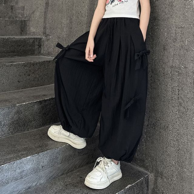 13440740.中大童夏季冰丝束脚裤女童蝴蝶结薄款透气防蚊运动休闲裤