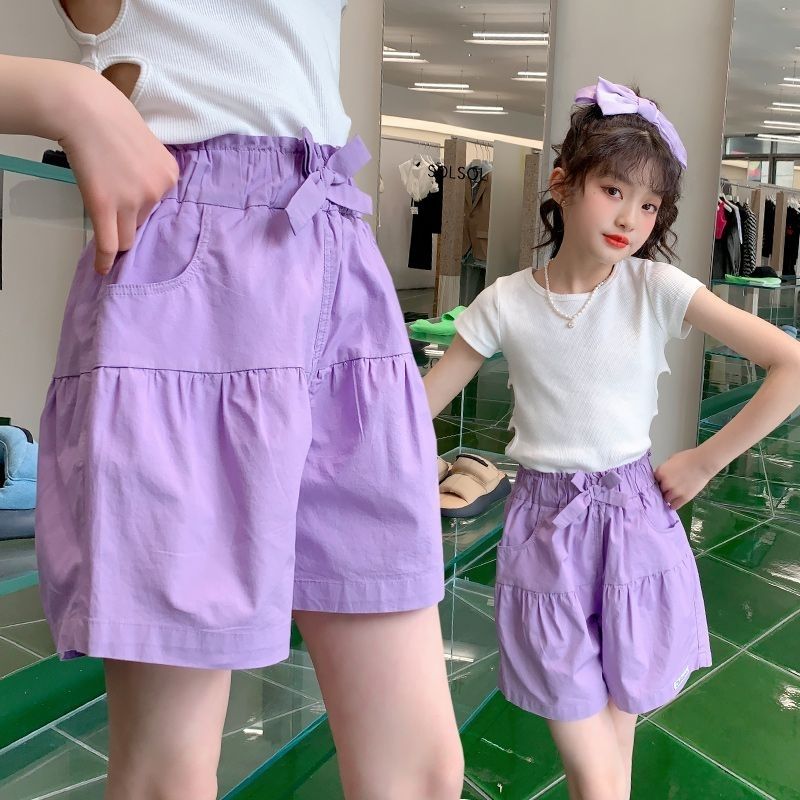 13440702.中大童夏季纯棉短裤女童高腰蝴蝶结紫色宽松休闲运动裤
