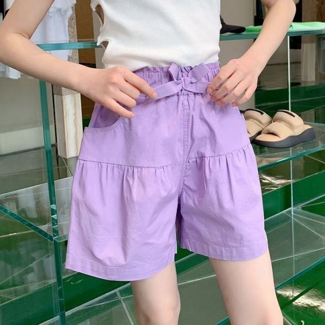 13440702.中大童夏季纯棉短裤女童高腰蝴蝶结紫色宽松休闲运动裤