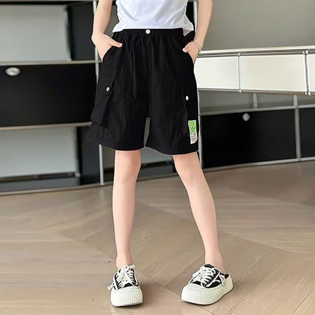 13442017.女童夏季速干工装中裤中大童透气多色笑脸标百搭五分裤