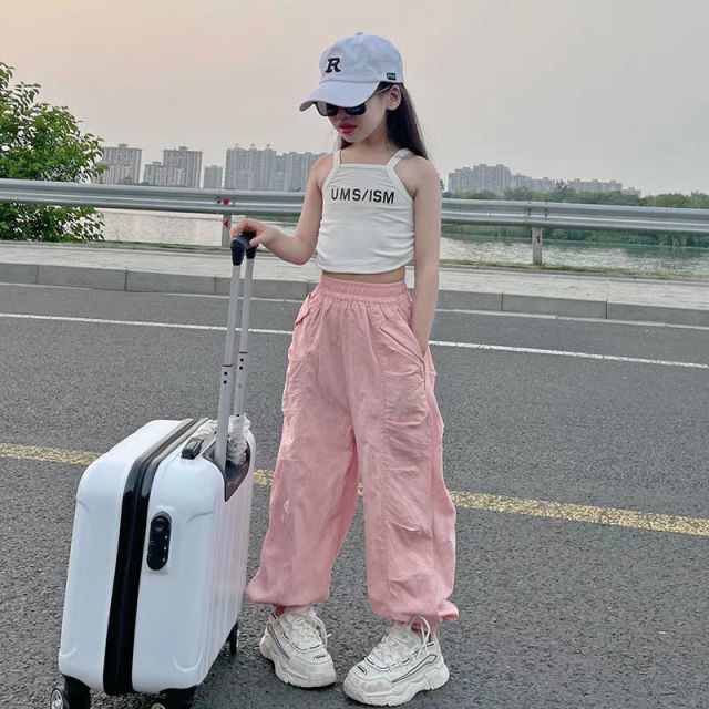 13442464.儿童夏季速干工装阔腿裤女童中大童多色透气束脚休闲运动裤