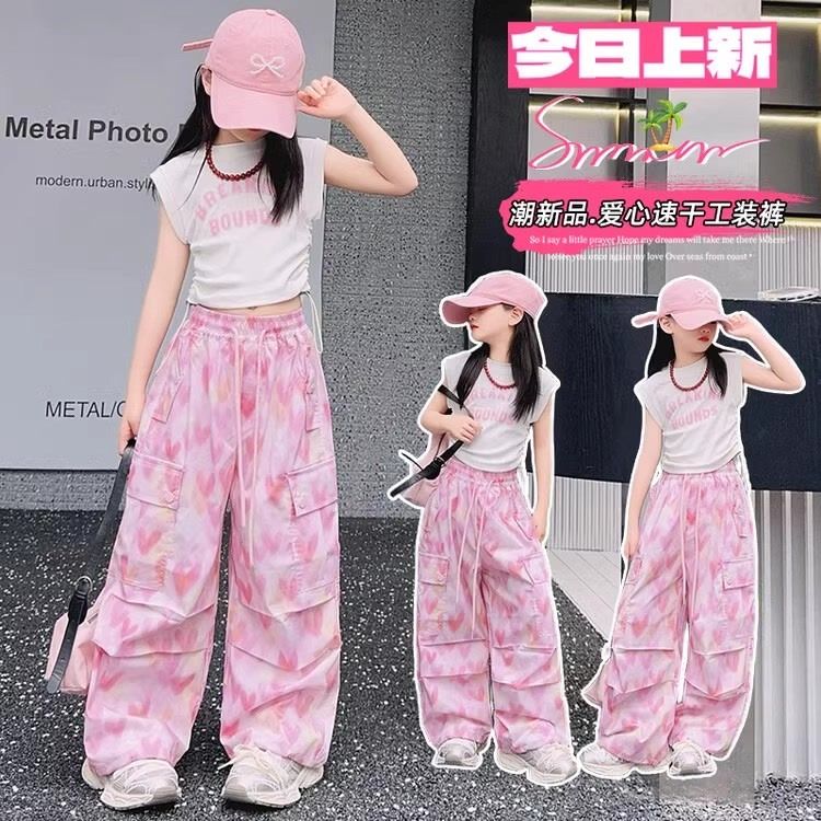 13445705.儿童夏季爱心速干工装裤女童中大童薄款透气阔腿运动裤防蚊裤