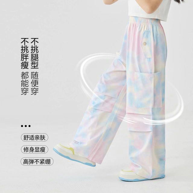 13445702.中大童夏季冰丝扎染阔腿裤女童透气速干百搭防蚊工装裤女童运动裤