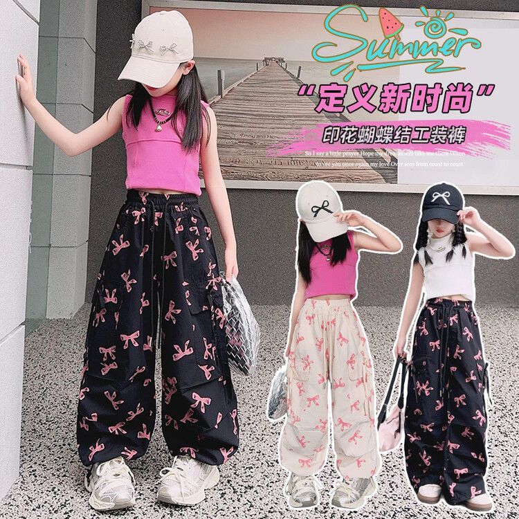 13445770.儿童夏季蝴蝶结工装裤女童中大童薄款透气速干防蚊阔腿裤女孩运动裤