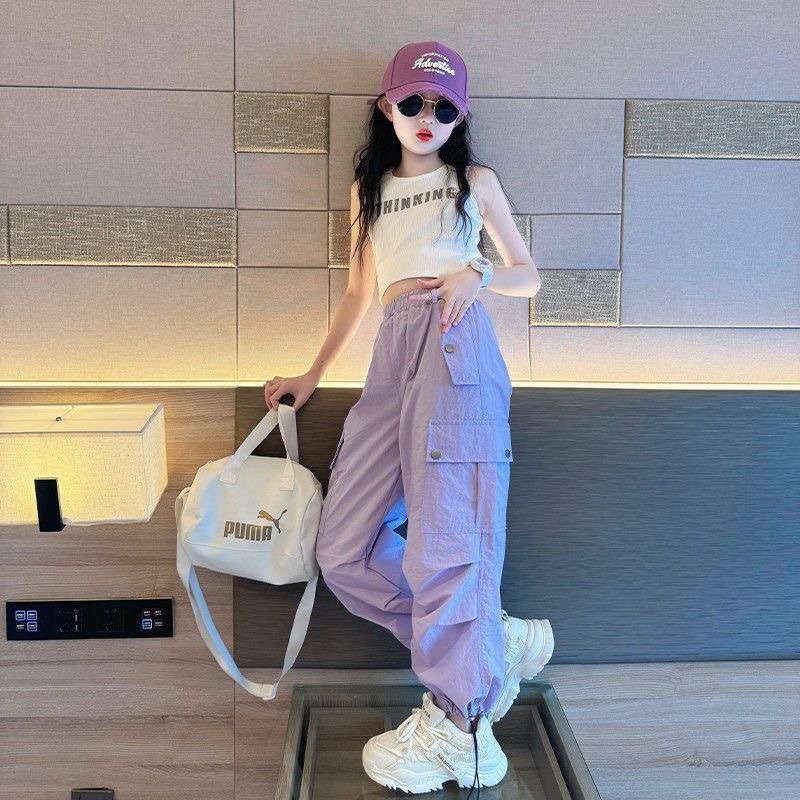 13445763.女童夏季冰丝工装裤中大童薄款透气束脚防蚊休闲裤运动长裤