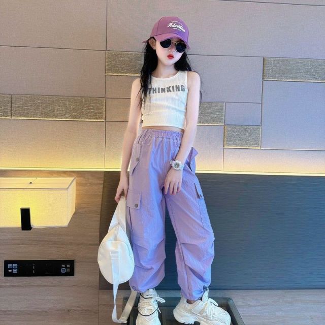 13445763.女童夏季冰丝工装裤中大童薄款透气束脚防蚊休闲裤运动长裤