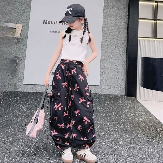 13445770.儿童夏季蝴蝶结工装裤女童中大童薄款透气速干防蚊阔腿裤女孩运动裤