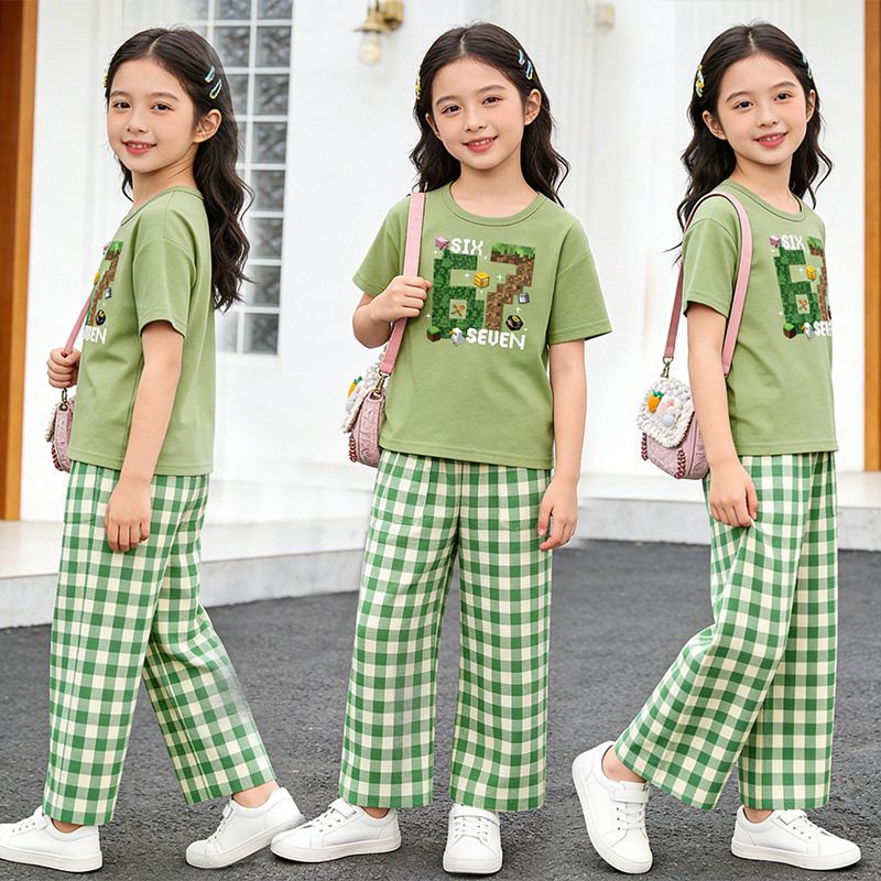 13464195.女童夏季新款休闲运动格子阔腿裤套装夏季卡通印花短袖中大童两件套潮