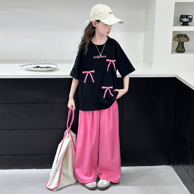 13464429.女童夏季蝴蝶结印花短袖套装中大童休闲运动阔腿裤两件套套装