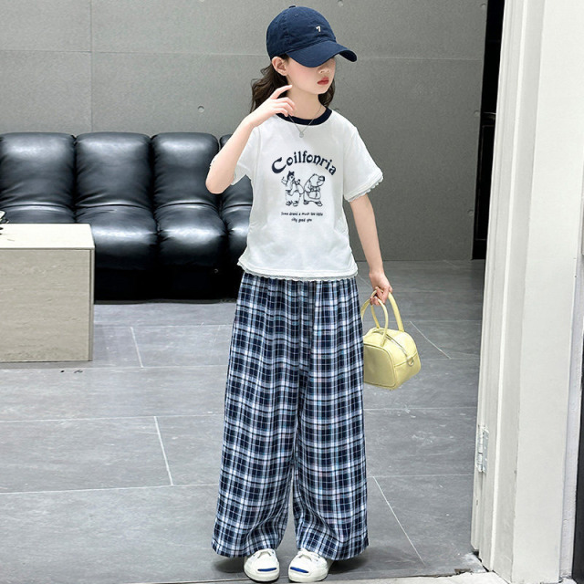 13464268.女童套装休闲运动格子阔腿裤套装夏季卡通印花短袖中大童两件套潮
