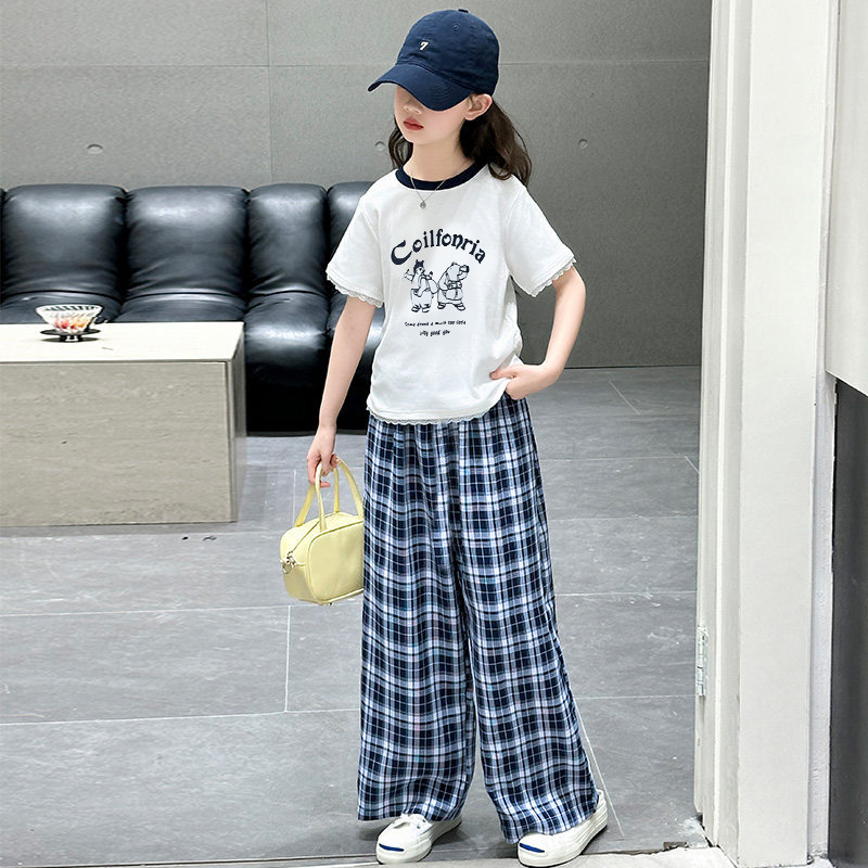 13464268.女童套装休闲运动格子阔腿裤套装夏季卡通印花短袖中大童两件套潮