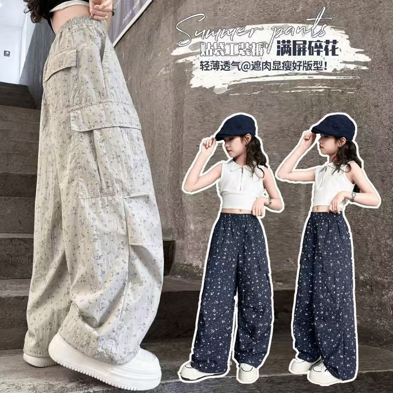 13462509.女童裤子夏季新款碎花工装裤夏季薄款中大童防蚊裤宽松休闲运动长裤潮