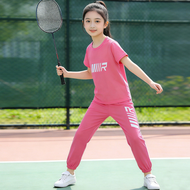 13468810.女童夏季运动套装字母印花短袖防蚊裤套装中大童休闲运动两件套