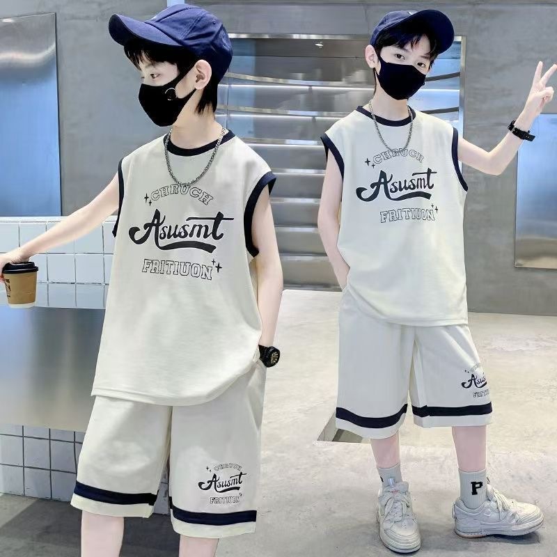 13466121.男童套装夏季新款字母印花无袖套装中大童运动篮球服两件套