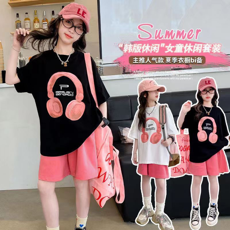 13466146.女童套装夏季耳机印花短袖套装中大童休闲短裤运动两件套