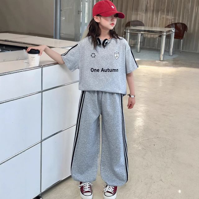 13468584.男童女童套装夏季2026新款大儿童洋气运动女孩休闲运动短袖字母T恤两件套