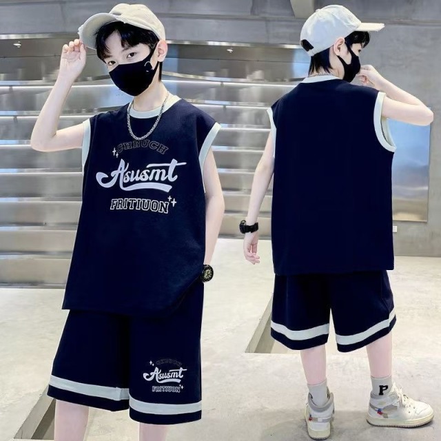 13466121.男童套装夏季新款字母印花无袖套装中大童运动篮球服两件套