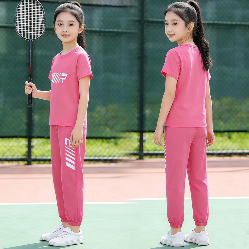 13468810.女童夏季运动套装字母印花短袖防蚊裤套装中大童休闲运动两件套