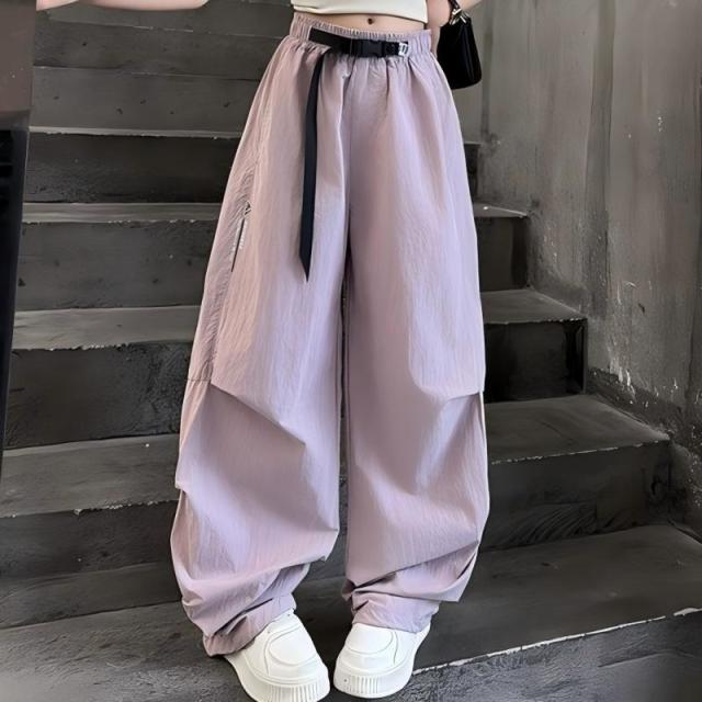 13493148.中大童女童夏季工装裤冰丝薄款速干防蚊阔腿休闲运动裤女童美式飘带工装裤