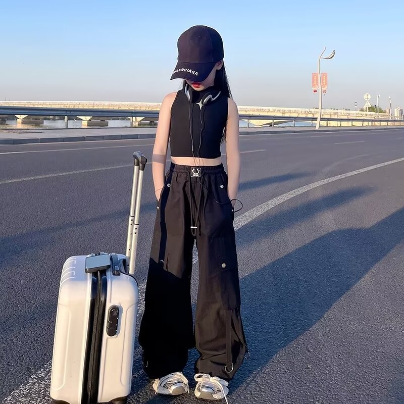 13492476.女童夏季工装裤中大童冰丝薄款阔腿束脚休闲裤夏季新款薄裤子