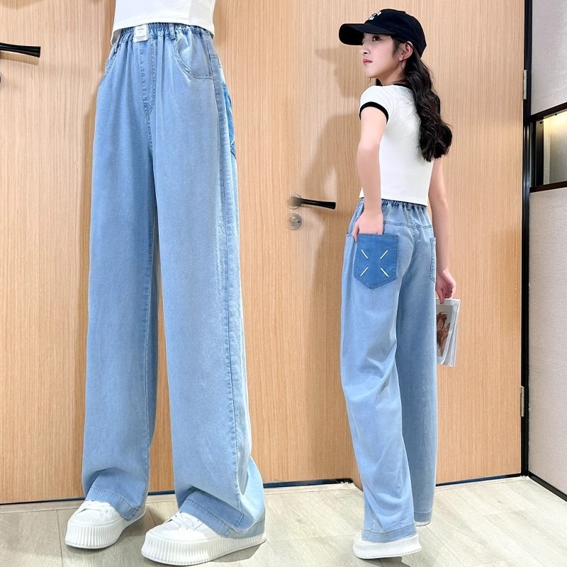 13493966.女童夏季天 丝牛仔裤中大童薄款透气直筒阔腿休闲运动裤