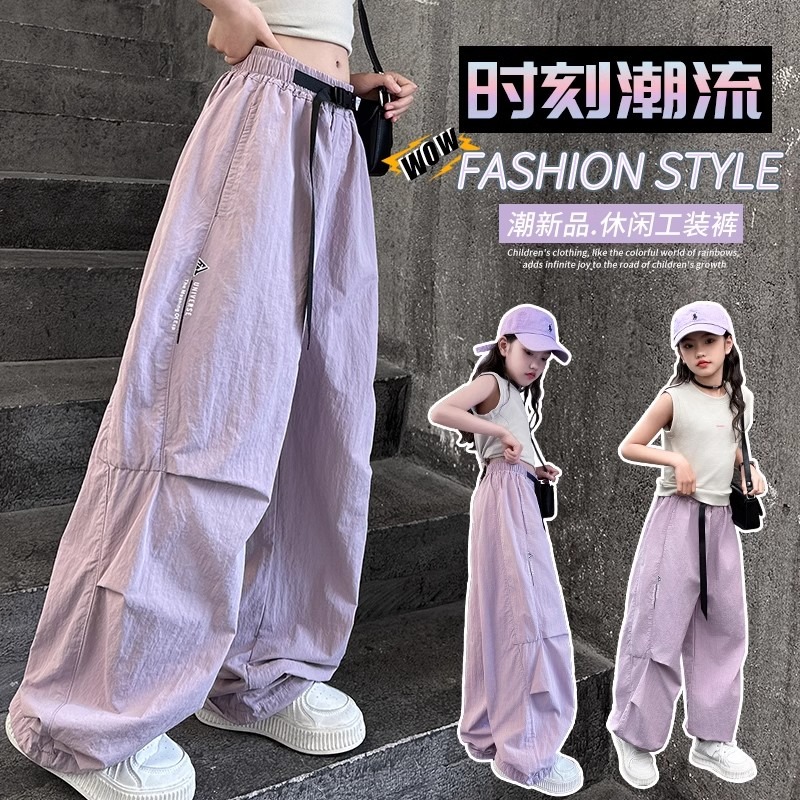 13493148.中大童女童夏季工装裤冰丝薄款速干防蚊阔腿休闲运动裤女童美式飘带工装裤