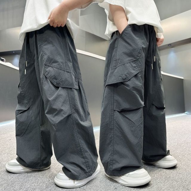 13507908.男童夏季冰丝工装裤中大童薄款防蚊裤儿童潮酷宽松阔腿直筒休闲运动长裤