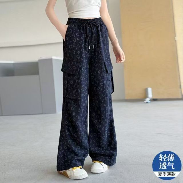 13507783.女童夏季豹纹工装裤中大童薄款防 蚊裤儿童冰丝透气宽松直筒休闲运动裤