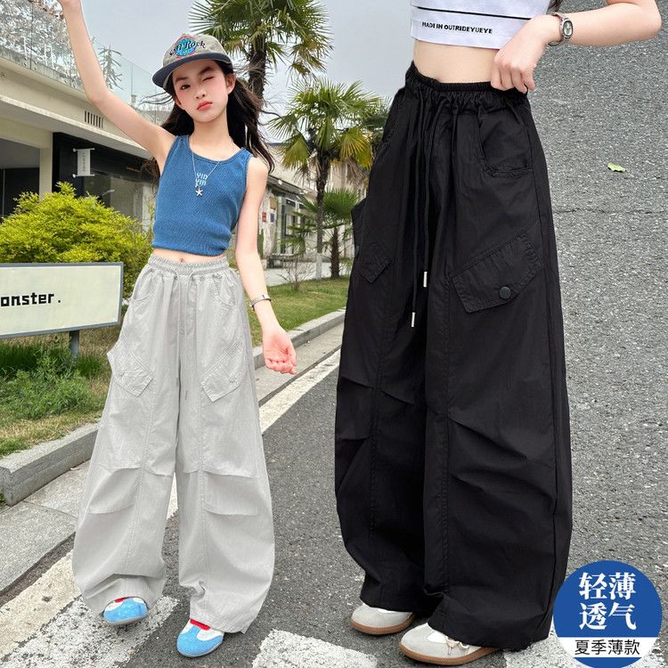 13517668.女童夏季薄款冰丝防 蚊裤中大童工装阔腿裤儿童速干透气高腰休闲裤