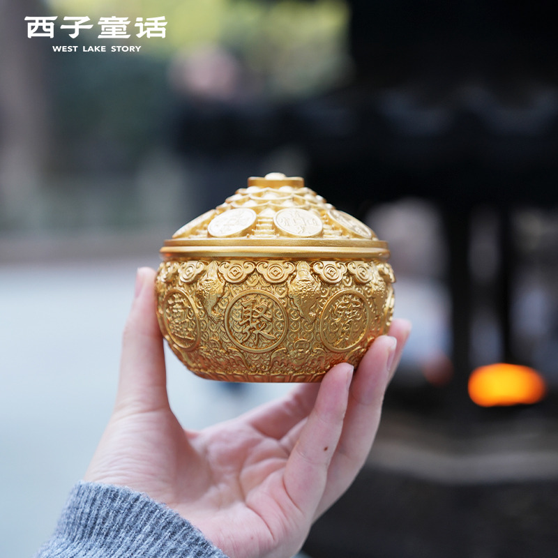13125279.【灵隐景区直发】百福米缸纯黄铜聚cai聚宝盆桌面摆件办玄关摆件