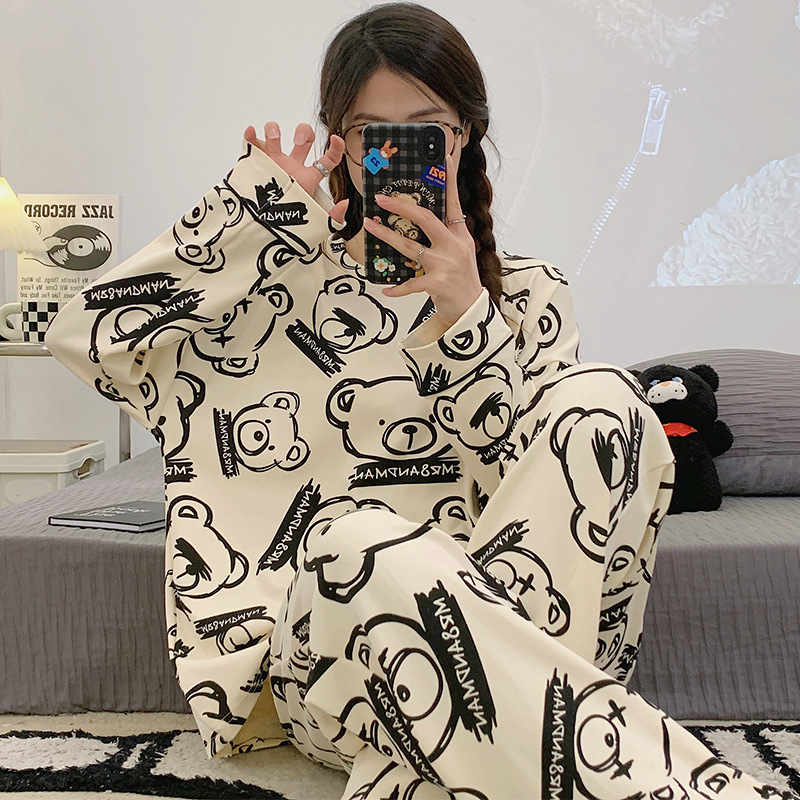 11442894.棉新界春夏新款睡衣女士圆领套头可爱甜美长袖长裤少女家居服套装外穿
