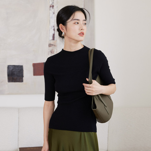 10182454.思诺芙德半高领精纺针织半袖女式羊毛衫