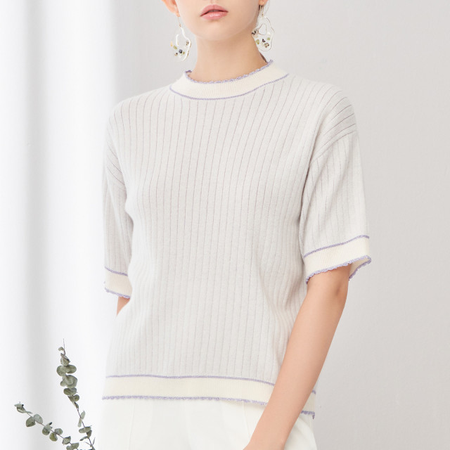 10538815.思诺芙德圆领抽条短袖女士休闲春季款羊绒衫