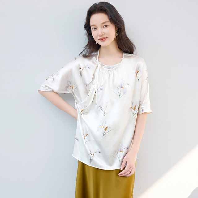 12171999.思诺芙德新款圆领含桑蚕丝宽松短袖女T恤