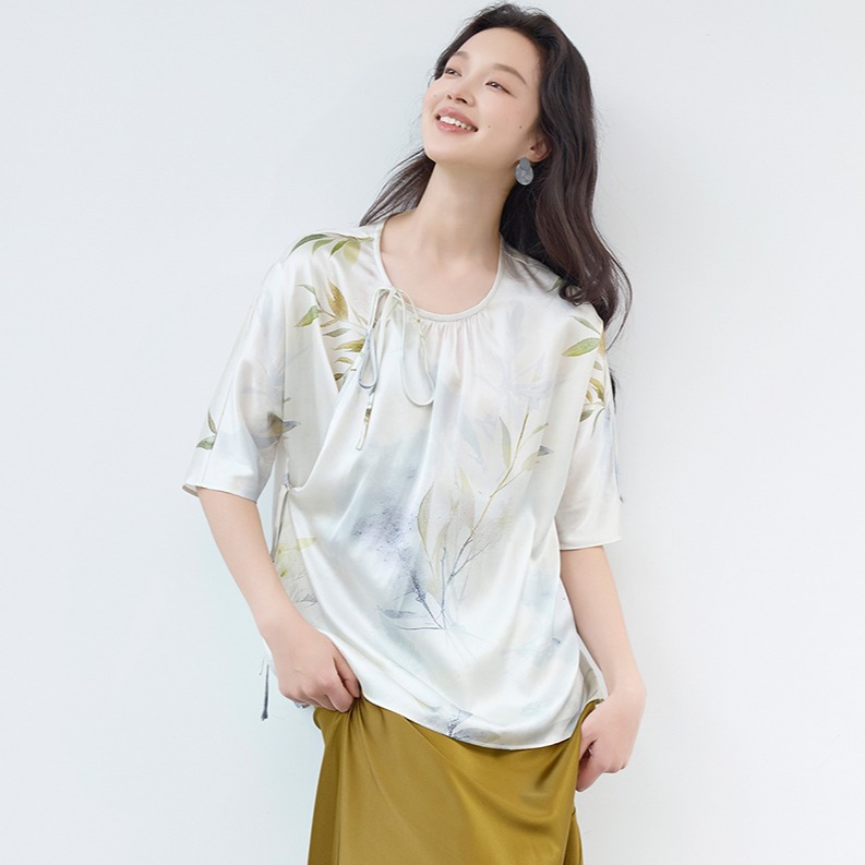 12171999.思诺芙德新款圆领含桑蚕丝宽松短袖女T恤