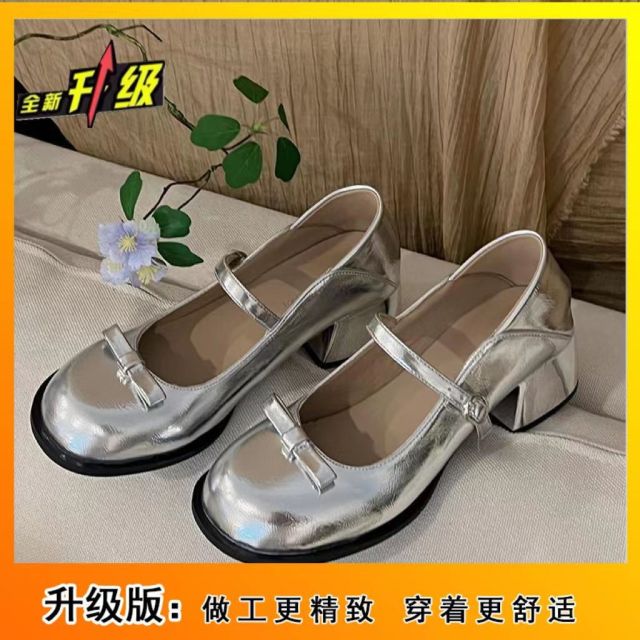 10868941.粗跟法式玛丽珍鞋2024款夏季浅口配裙子银色圆头小皮鞋