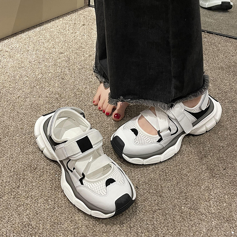 10869313.老爹鞋女2024款夏秋季百搭厚底镂空透气魔术贴休闲小白运动鞋子