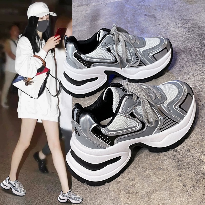 10869913.银色老爹鞋子女2024百搭网面透气厚底增高休闲运动鞋