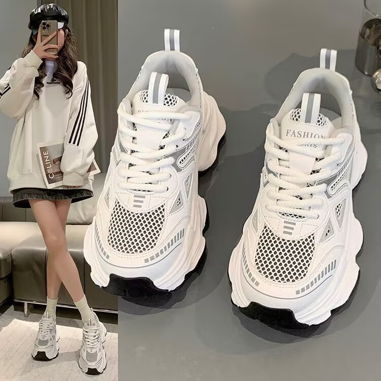 10870287.老爹鞋女2024早秋款网鞋透气网面厚底小白鞋休闲跑步运动鞋