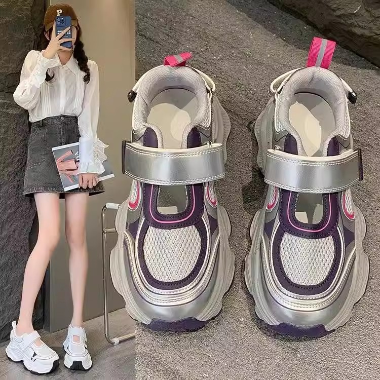 10872184.厚底运动凉鞋女2024早秋款镂空老爹鞋网面透气休闲洞洞鞋