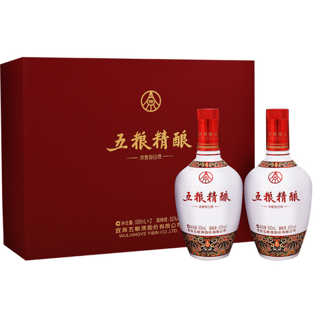 12968953.五粮液股份 五粮精酿 52度浓香型白酒 500ml*2瓶 礼盒装(中国风)