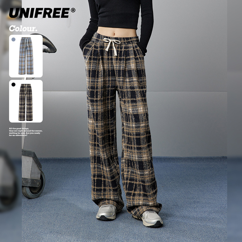 11453392.UNIFREE美拉德格子休闲裤时尚磨毛加绒直筒宽松阔腿显瘦拖地长裤